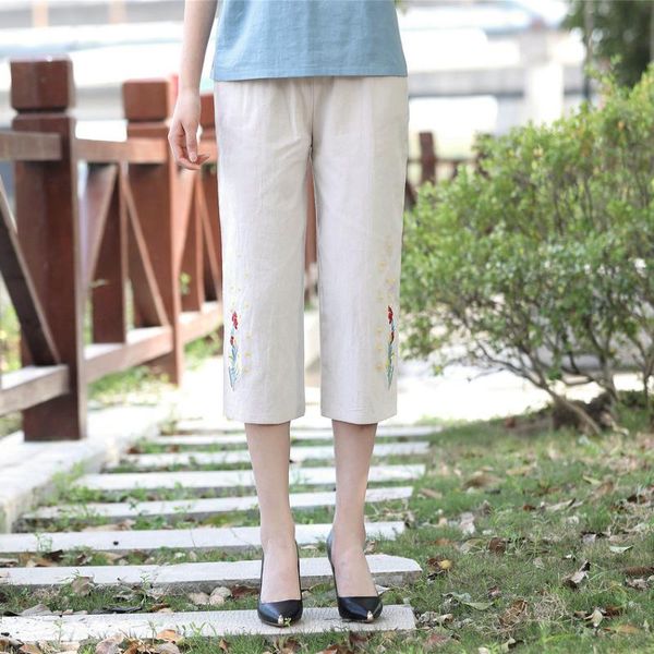 

women's pants & capris summer beige cotton cropped pant middle aged women side flower embroidery design elastic waist crop trouser moth, Black;white