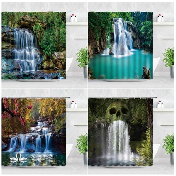 

shower curtains jungle scenery forest waterfall swans green plants landscape print waterproof bathroom decor cloth curtain sets