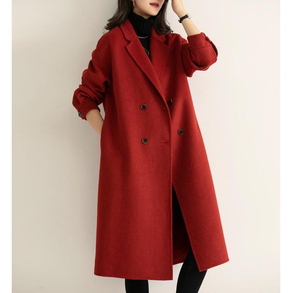 

women's wool & blends elegant long coat dark red sleeve chic outerwear ladies double sided cashmere overcoat autumn winter 2021, Black