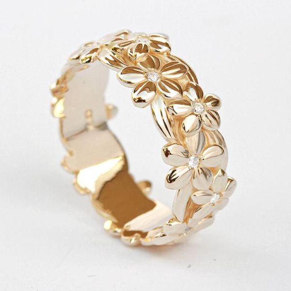 

wedding rings gold color delicate flower band women shiny cubic zircon romantic bridal party finger fashion jewelry, Slivery;golden