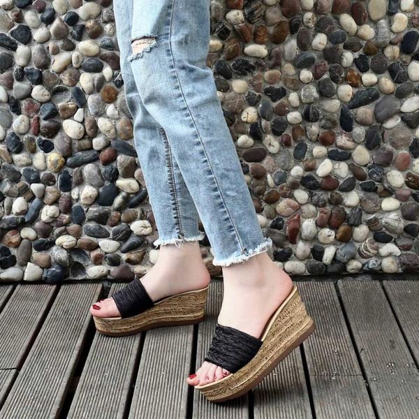 

slippers sagace 2021 fashion women summer high heels platform wedge sandals open toe casual shoes ladies slide beach, Black