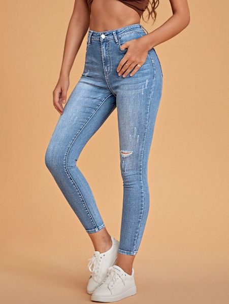 

ripped skinny zipper fly jeans f98m#, Blue
