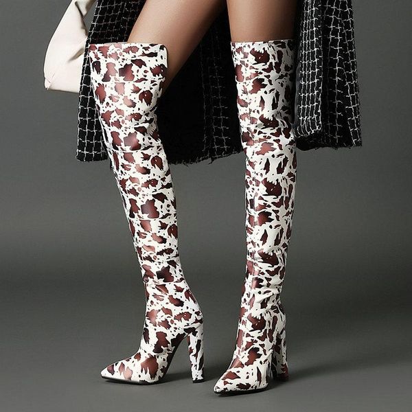 

boots 2021 autumn winter women fashion cows print over the knee female square high heel zipper long, Black