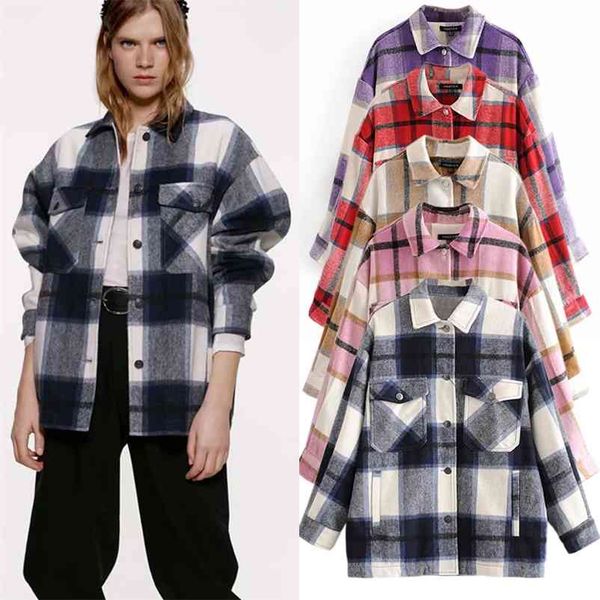 

women plaid jacket coats vintage pockets single breasted long oversized coat autumn winter casual loose sleeve outerwear 210422, Black;brown
