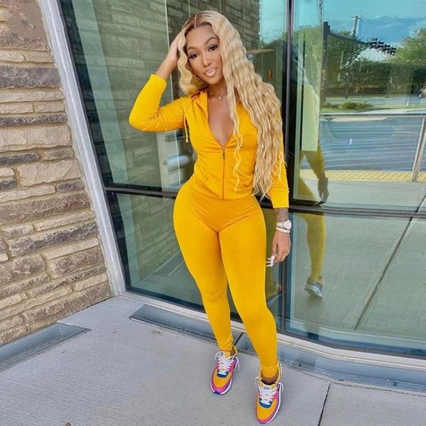 

women's two piece pants 2021 european and american suit autumn two-piece cardigan hooded slim fit sports casual long sleeve, White