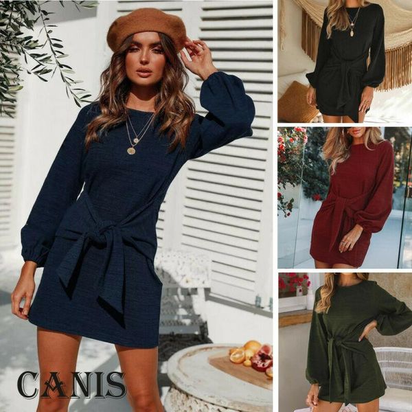 

women's autumn winter long lantern sleeve knitted tie waist pencil sweater dress ladies crew neck bodycon short mini party casual dress, Black;gray