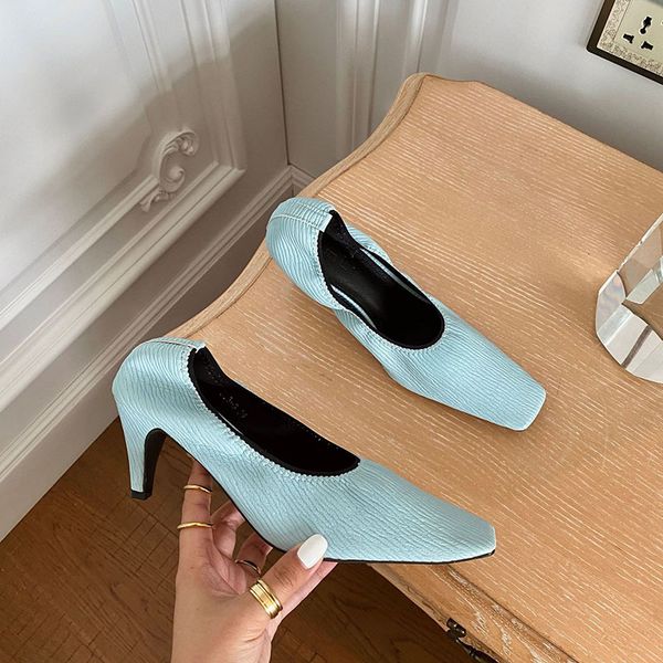 

dress shoes elegant folds soft pu leather high women retro stripes square toe woman pumps solid customize stiletto heels tacones wcll, Black