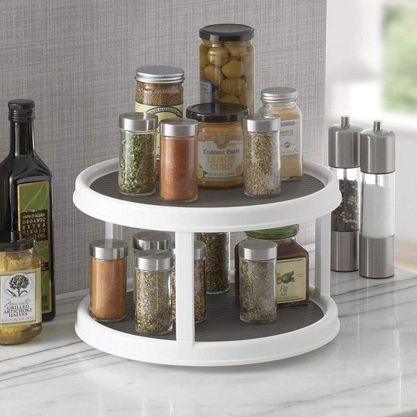 

two layer non-skid pantry cabinet lazy susan turntable kitchen organizer seasoning cans shelf bottles pepper shakers storage & organization