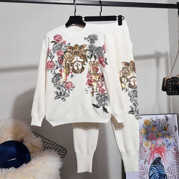 

autumn winter women korean fashion sequin embroidery flower loose knitted sweater + harem pants two piece set ladies 211007, White