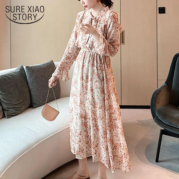 

casual dresses dress women 2021 spring print long sleeve bow flare a-line chiffon elegant empire 8549 50, Black;gray