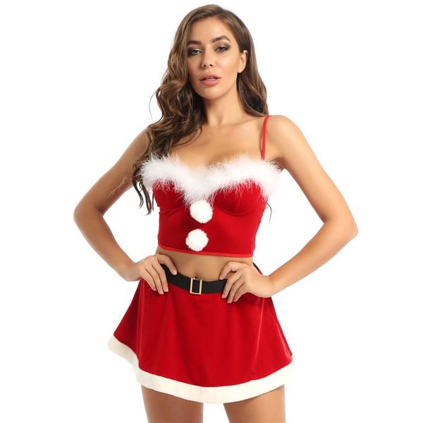 

bras sets women christmas skirts flannel outfits costume faux fur fluffy ball red underwired bra crop with elastic waistband miniskirt, Red;black