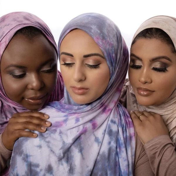 

tie dye printed scarf hijab islamic stretchy headscarf shawl for muslim women breathable jersey hijabs head wrap headband, Blue;gray