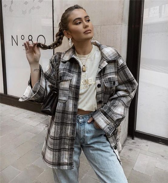 

happie queens autumn pockets oversized plaid jackets women streetwear long sleeve office coats outerwear women's, Black;brown