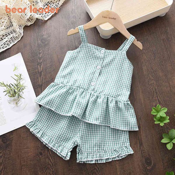 

bear leader print girls outfits baby girls clothing sets summer plaid sling t-shirt shorts 2pc princess suit kids clothes g220310, White
