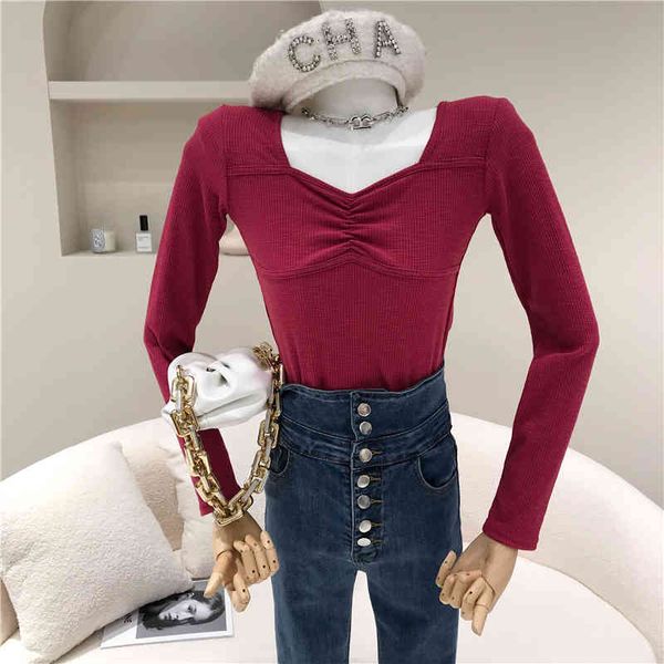 

polos spring summer niche design trend square temperament neck thin bottom shirt, White