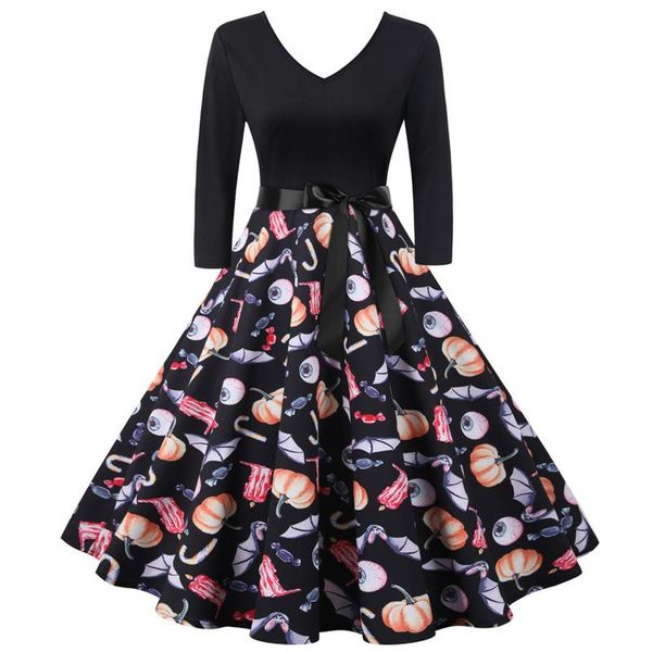 

casual dresses 2021 est halloween women vintage long sleeve costume housewife evening party prom full v-neck pleated dress, Black;gray