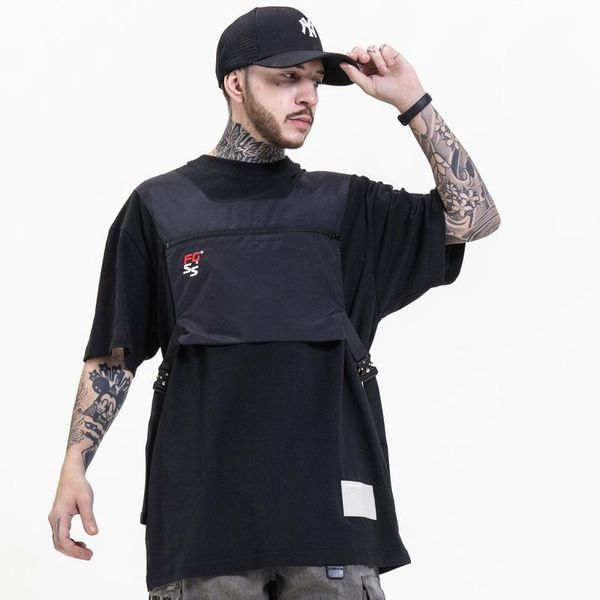 

men's t-shirts fashion zippered pockets and strapes tshirts man printed hip hop leisure t-shirt high street, White;black