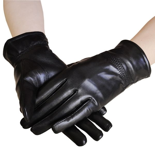 

leather gloves male winter sheepskin warm thickened couple labor protection driving leather female, Black
