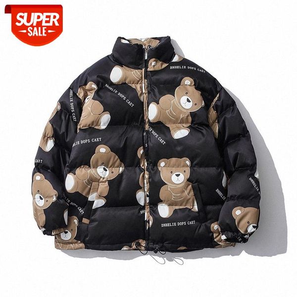 

cute bear print couple cotton-padded jacket men's national tide thick warm padded lazy wind #dm8m, Black;brown