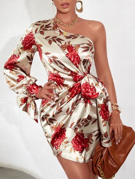 

floral print one shoulder knot side satin dress l0jq#, Black;gray