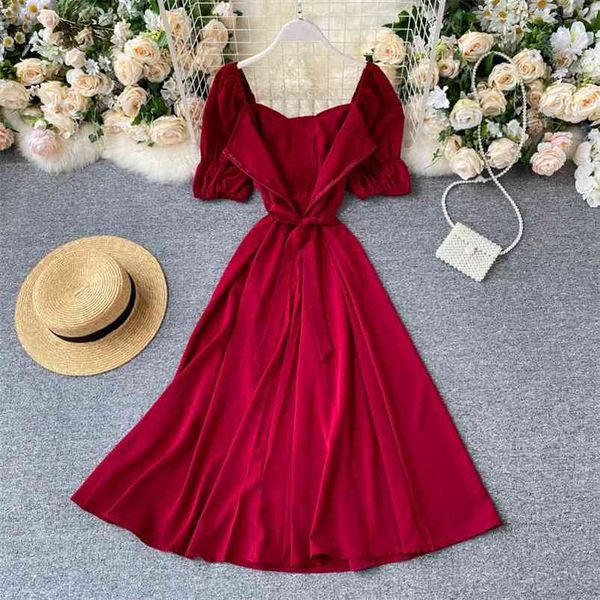 

summer puff sleeve v neck midi long dress women sweet high waist fashion a-line big vestidos multicolour 210430, Black;gray