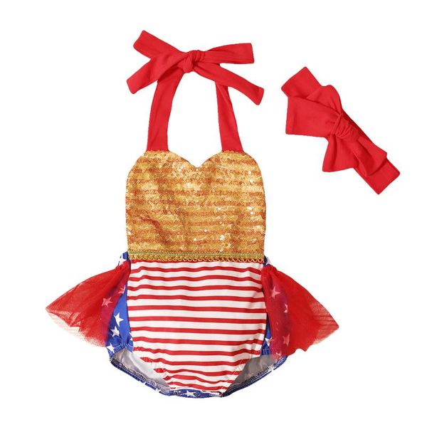 

rompers independence day baby girls romper outfit infant sequins decoration mesh splicing sleeveless hanging neck + bow headwear, Blue
