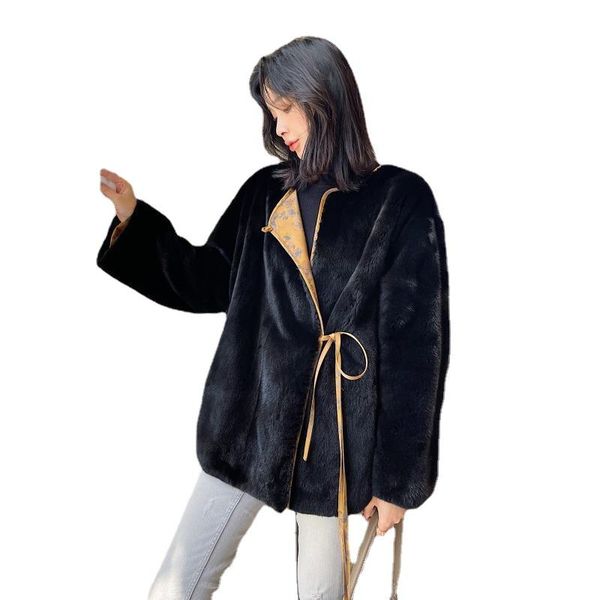 

women's fur & faux winter 2021 imported velvet mink whole coat mid-length double-sided wear fashion stand-up collar leather grass, Black