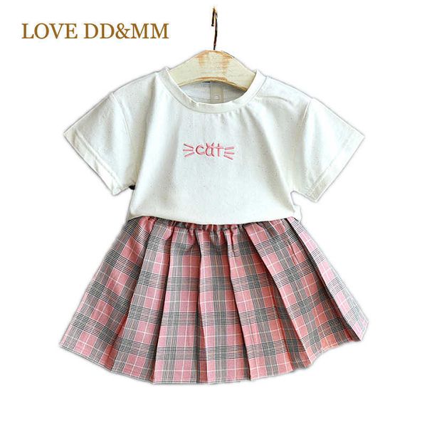 LOVE DDMM Set per ragazze Summer Letter Cat Plaid in cotone a maniche corte T-shirt Gonne scozzesi Completo per bambini Abbigliamento Abiti Costume 210715