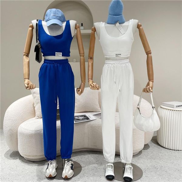 

two piece set women's spring summer 2021 fashion short label vest + high waist pants, White