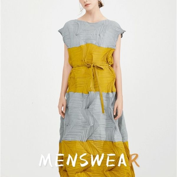 

dress seling miyake fashion fold diamond pleats sleeveless patchwork o-neck acing bud, Black;gray