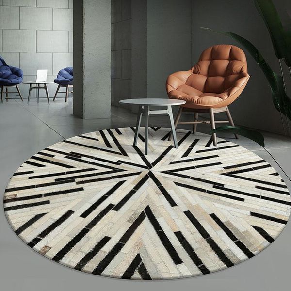 

luxury cowhide seamed striped rug , round shaped real cow skin patchwork carpet for living room bedroom decoration carpets
