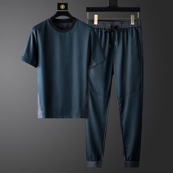 

men's tracksuits tencel man tracksuit (t-shirt+pants) luxury short sleeve splicing design casual sport male sets fashion slim mens suit, Gray