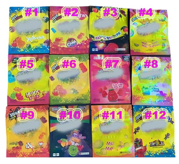 

12 types 600mg sour gummmies candy edibles packaging bags empty sours tropical watermelon smell proof resealable zipper packages gummy mylar