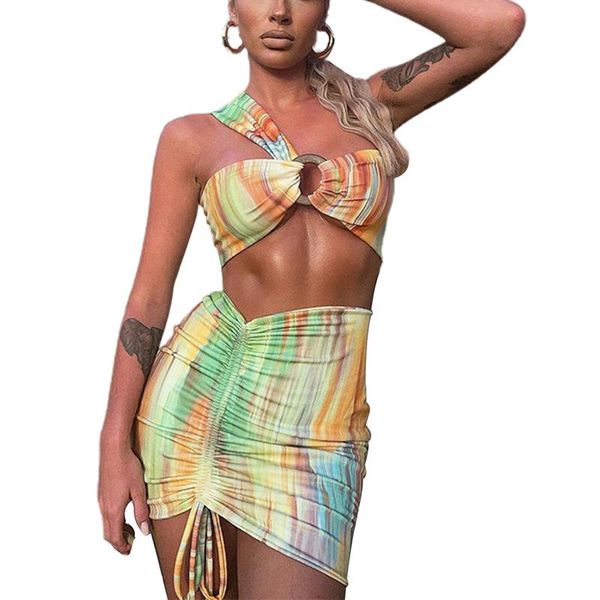 

women's swimwear women two-piece clothes set green tie-dyed printed pattern sleeveless crop and drawstring skirt, White;black