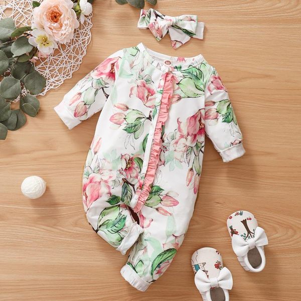 

jumpsuits spring autumn born floral baby girls rompers toddler pajamas headband 2pcs long sleeve jumpsuit kids clothes, Blue