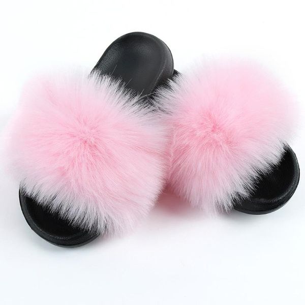 

furry slippers women real fur slides flat sandals female cute fluffy shoes summer slipper plush, Black