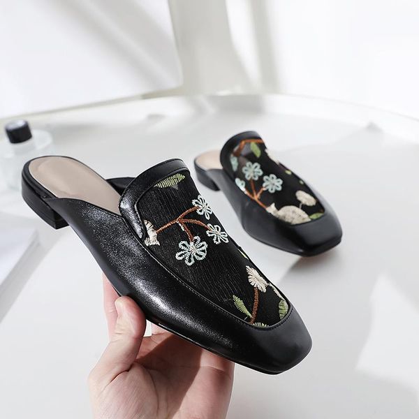 

breathable embroider mesh decoration flats elegant square toe rome women slippers heels party shoes size 41 42, Black