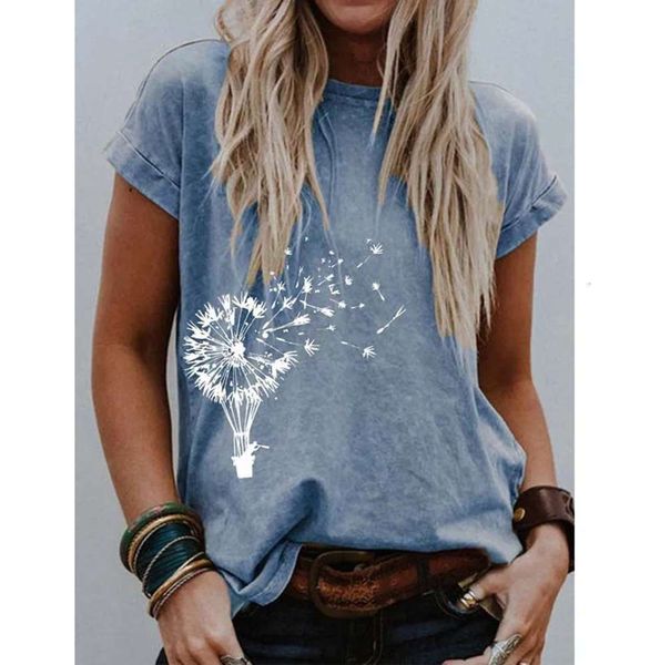 

t-shirt women's dandelion print casual round neck short sleeve xgwi, White