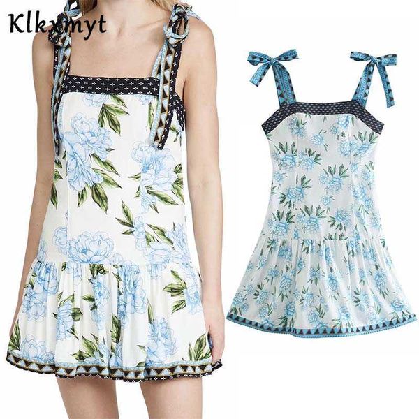 

klkxmyt za women summer dress fashion blue flower print mini casual bow lace up sling female party es vestido 210527, Black;gray