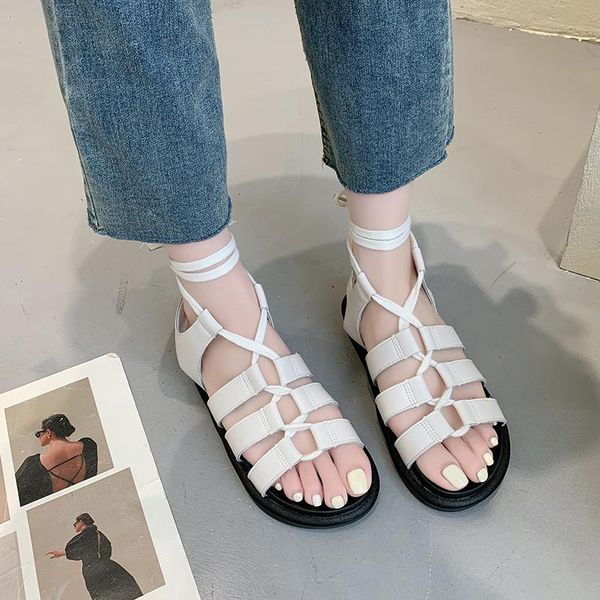 

sandals summer leather women platform cross strap ankle lace peep toe flat heel beach party ladies shoes zapatos, Black