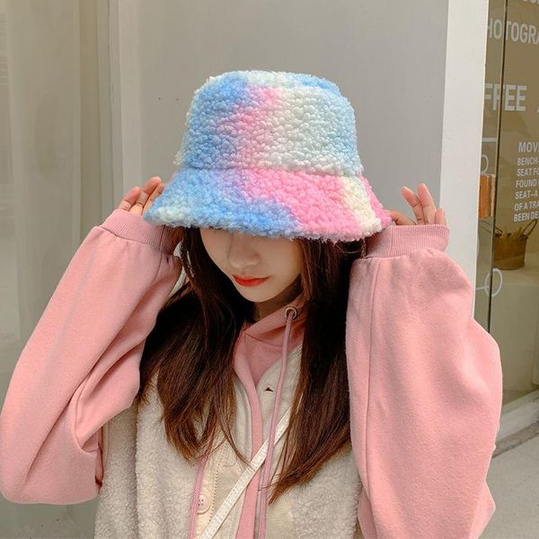

wide brim hats autumn and winter gradient fisherman hat women lamb wool keep warm bucket for tie dye panama thicken rainbow colors, Blue;gray