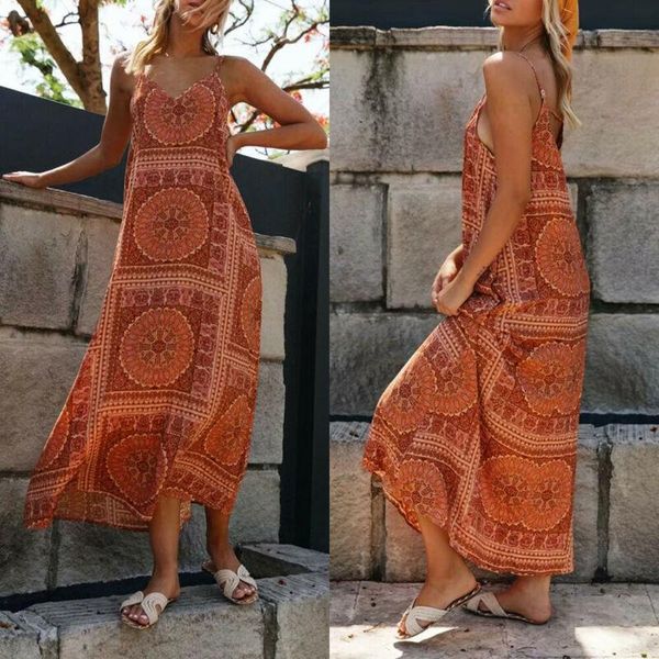 

women boho summer sleeveless floral printed maxi dress retro o-neck beach sundress strap casual dresses, Black;gray
