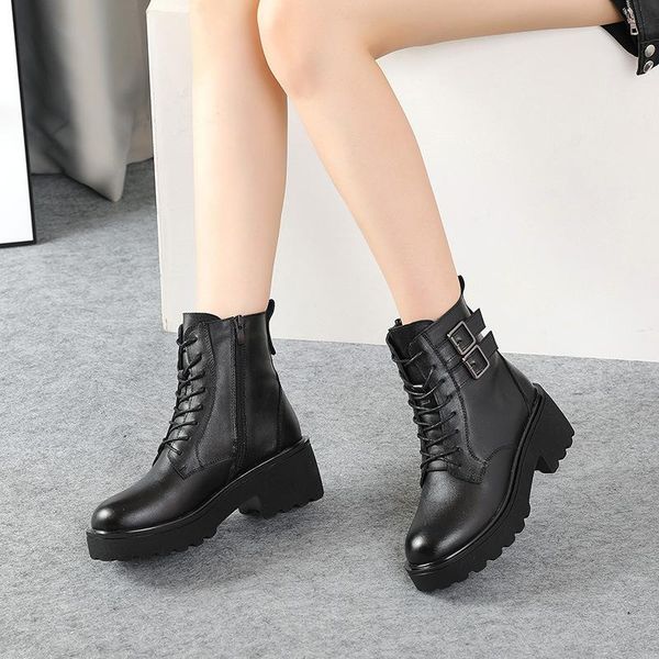

boots leather 2021 women's shoes versatile heavy soled motorcycle british style high heel short, Black