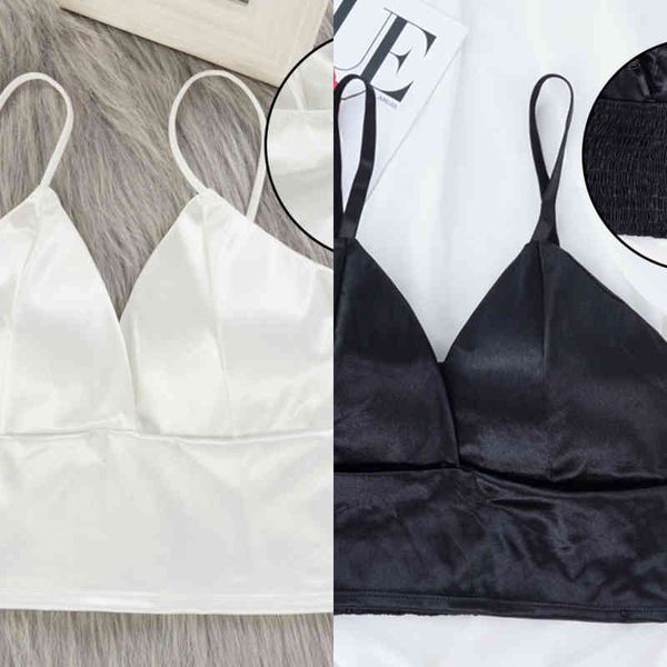 

nxy women's tanks & camis satin crop wireless bralette crochet female spaghetti strap t shirt cropped with chest padded camisole 0310, White