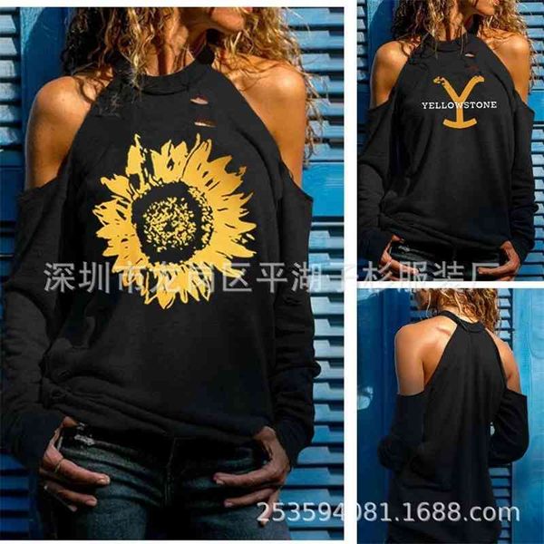 

aw2020 new sunflower hole off shoulder blouse t-shirt - black 9002#