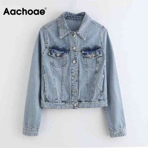 

aachoae casual blue color denim coat women long sleeve pocket jacket outerwear turn down collar pleated lady autumn spring 210413, Black;brown