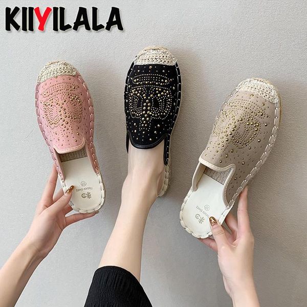 

kiiyilala 2021 crystals shoes women half slippers summer pink flat heel ventilation round toemules plus big size 41 42, Black