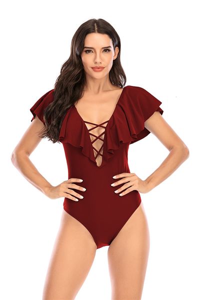 

solid color quick dry ruffle jumpsuits fashion swimwear 2021 bikini v neck cross bandge, White;black