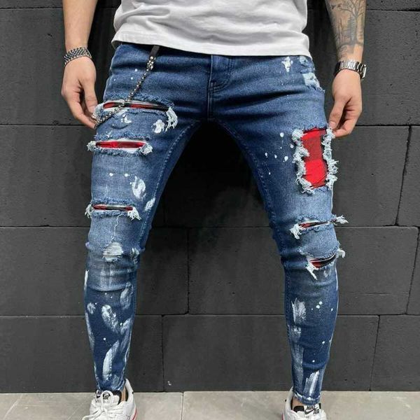 

men's jeans sweatpants hole pants casual summer autumn male ripped skinny trousers slim biker outwears harajuku pants2021, Blue