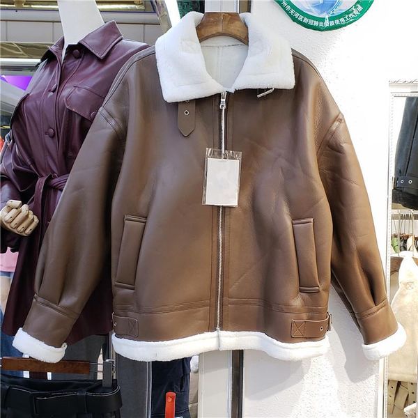 

women's leather & faux women coat 2021 autumn winter warm motorcycle jacket streetwear female lapel long sleeve plush outwear, Black
